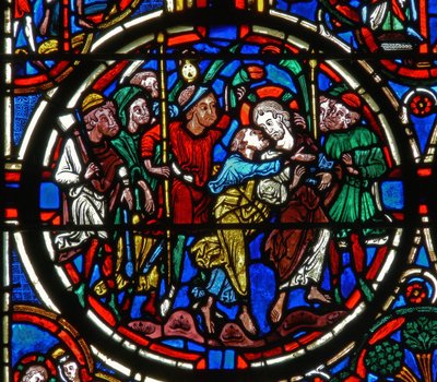 Detail from a window depicting the Passion: Judas betrayal by French School