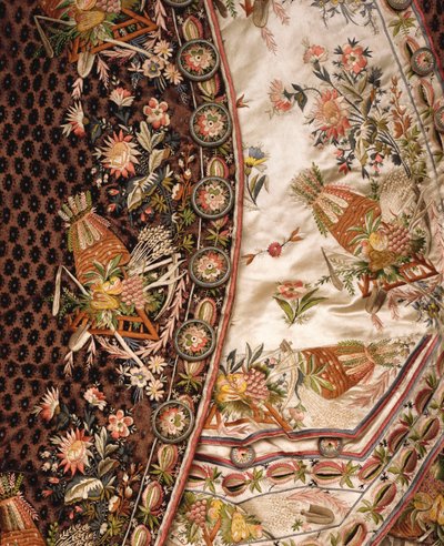 Detail of a magnificent suit of brown cut velvet, comprising coat, breeches & waist of ivory satin embroidered en suite, c.1760 by French School