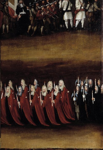 Detail of an 18th century screen used for the Fete God (or Fete of the Blessed Sacrament), representing the procession by French School