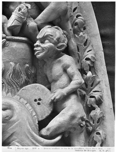 Devil fanning the fire, from the Last Judgement of the Cathedral of St. Etienne in Bourges (detail) by French School