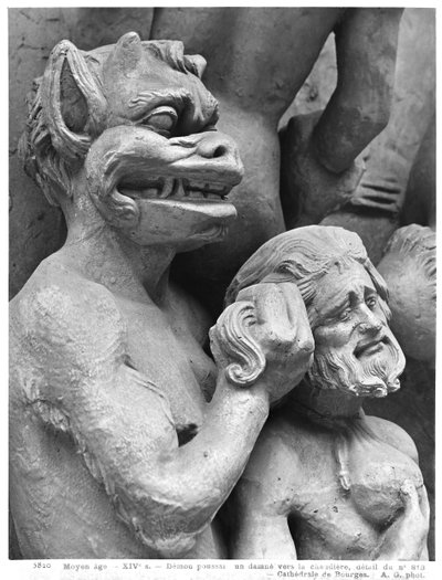 Devil pushing a damned person in the fire, from the Last Judgement of the Cathedral of St. Etienne in Bourges (detail) by French School