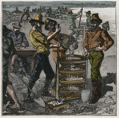 Diamond washing in South Africa in the 19th century. Engraving from 1885 in 