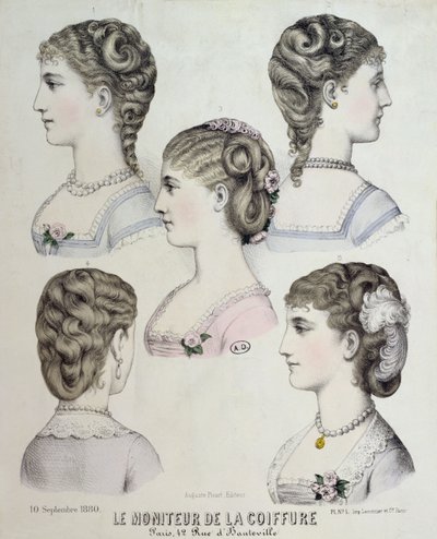 Different hairstyles, plate from Le Moniteur de la Coiffure, 1880 by French School