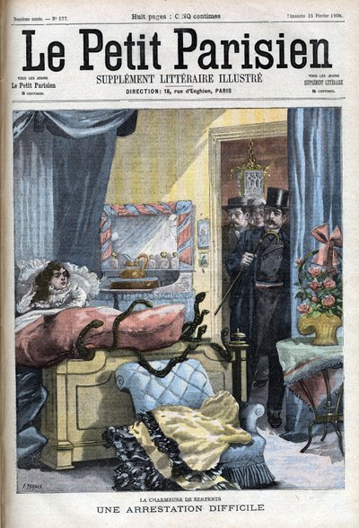 Difficult arrest in Paris of a snake charmer by police officers - in "Le Petit Parisien" by French School