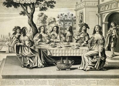 Diners on a terrace with a formal garden below, engraved by Balthazar Moncornet by French School