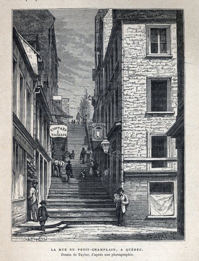 Discover Canada: Rue du Peute Champlain in Quebec. Drawing by Taylor from a photograph. Engraving from the end of the 19th century in 