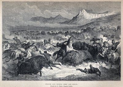 Discovery of Canada: Sioux bison hunt. Drawing by Gustave Dore after Catlin. In La Nouvelle France by Eugene Guenin. by French School