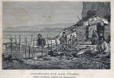 Discovery of Canada: construction of a bark canoe. Drawing by Bassot after photograph. Engraving from the end of the 19th century in 