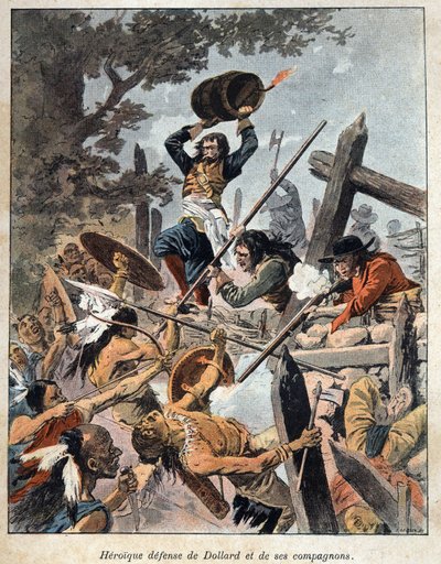 Discovery of Canada: defence of Adam Dollard des Ormeaux and his companions against the Indians of Iroquois America to protect their encampment in 1657. Engraving from the end of the 19th century in 