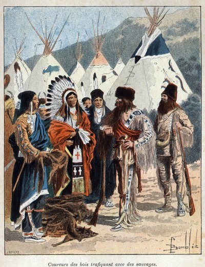 Discover Canada: The Coureurs de Bois, Involved in the Fur Trade with the Indians of America, Trading Animal Skins in the 17th Century. Engraving from the End of the 19th Century in La Nouvelle France by Eugene Guenin by French School