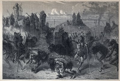 Discovery of Canada: the dance of the bison in the Mondanes. In La Nouvelle France by Eugene Guenin. by French School
