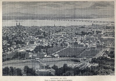Discovery of Canada: view of the city of Montreal in 1875. Drawing by Benoist after photograph. Engraving from the end of the 19th century in 