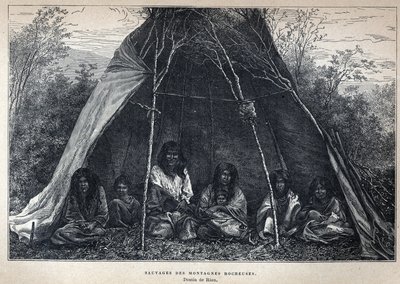 Discover Canada: American Indians Living in the Rockies. Engraving from the End of the 19th Century in La Nouvelle France by Eugene Guenin by French School