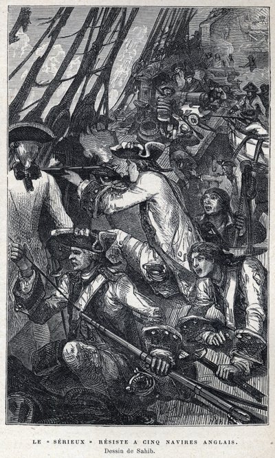 Discovery of Canada: Jacques Pierre de Taffanel de la Jonquiere, French naval officer at the head of the French ship Le Serieux resisted five English ships. Drawing by Sahib. In La Nouvelle France by Eugene Guenin. by French School