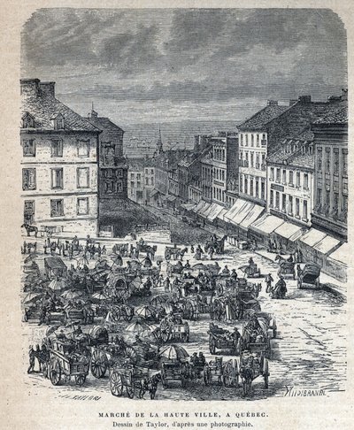 Discovery of Canada: march from the upper city to Quebec. Drawing by Taylor from a photograph. In La Nouvelle France by Eugene Guenin. by French School