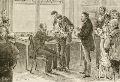 Doctor Pasteur examining boy infected with rabies by French School