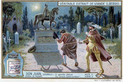Don Juan: Act II, Scene X, Don Juan at the cemetery and statue of the Commander - chromo Liebig by French School