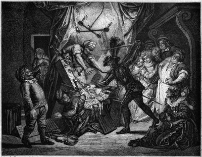 Don Quixote fights the puppets he thinks are Moors. Engraving by V. Beauce after the painting by Charles Antoine Coypel illustrating the novel by Cervantes. In 