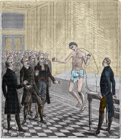 Dr Andrew Ure conducting voltaic experiments on the body of the executed murderer, Clydesdale, in 1818 - Experience by Andrew Ure (1778-1857) on a corpse - Engraving in 