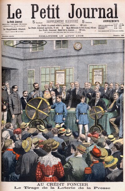 Drawing of the Press Lottery at the offices of the Credit Foncier from France to Paris. Land credit. The Press Lottery Draw. Illustration for Le Petit Journal by French School