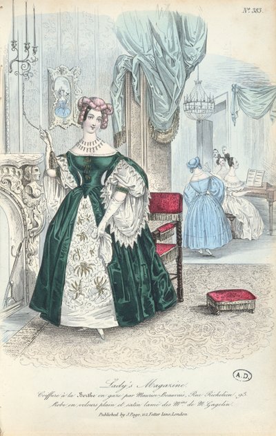 Dress in plain velvet and lame satin, Parisian fashion plate from The Lady