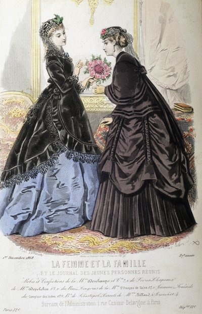 Dresses and hairstyles - in “La femme et la famille et le journal des Jeunes personnes réunis” of 01/12/1868 by French School