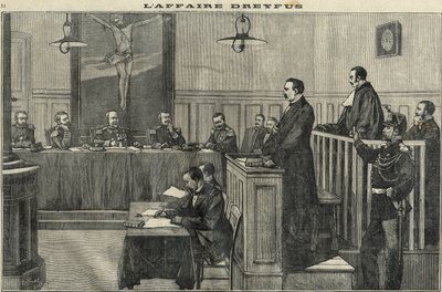 Dreyfus case in 1898: a hearing of the War Council: the trial of Commander Esterhazy. Engraving in 