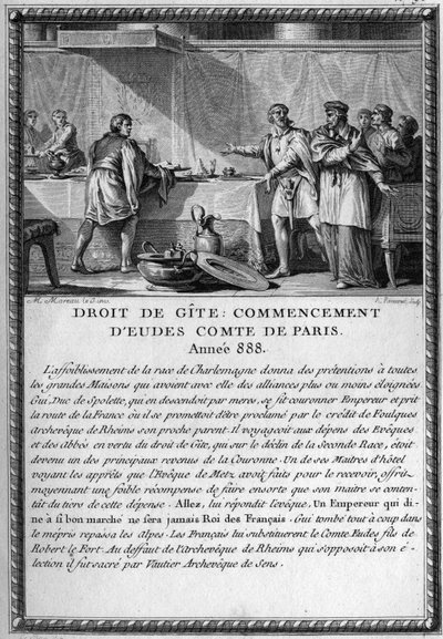 Droit de Gite, Beginning of Eudes, Count of Paris, year 888. King Guy III, Duke of Spoleto (died 894) was hosted by the Bishop of Metz under the right of a cottage by French School