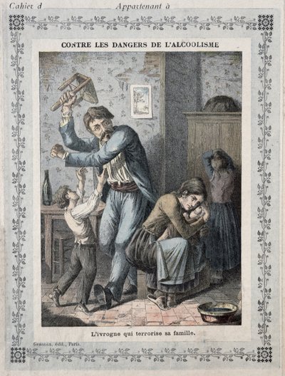 Drunkard terrorising his family, cover of a school exercise book. c.1900 by French School
