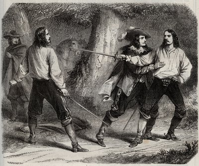 Duel with swords between the Viscount of Cahuzac and the Marquis of Gesvres, whose queen of France Anne of Austria is in love, in the woods of Vincennes. 17th century. Engraving from 1871 in 