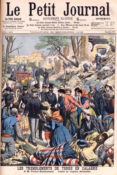Earthquake in Calabria, Italy. King Victor Emmanuel III visiting the devastated regions. Illustration for Le petit Journal, 24 September 1905. Victor Emmanuel III of Italy (Vittorio Emmanuele III) visits the devastated region by French School
