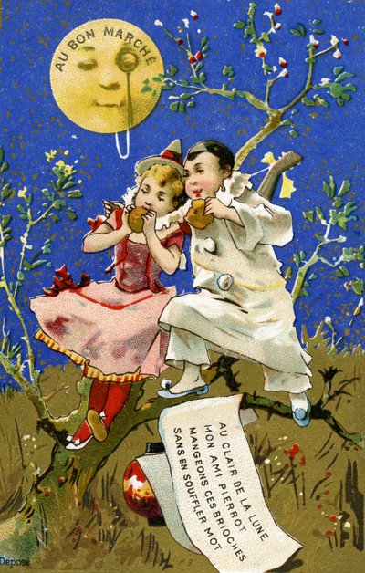 Eating brioches by the light of the moon, a promotional card for the Bon Marché Department Stores in Paris, c.1890 by French School