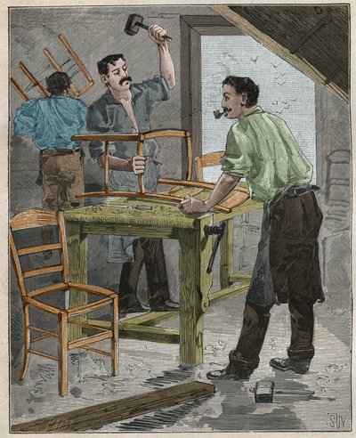 Ebenisterie: assembly of chairs in the 19th century in France. Engraving from 1885 in 