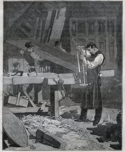 Ebenisterie: ebenist worker splitting a board at the established. Engraving from 1885 in 