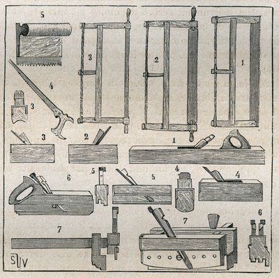 Ebenisterie: usual tools, saws and planing. Engraving from 1885 in Les arts et metiers illustres by Adolphe Bitard. by French School
