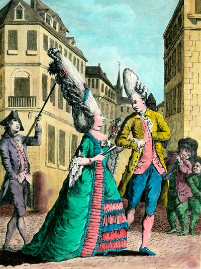 Eccentric hairstyles in the 18th century: the French woman on the walk by French School