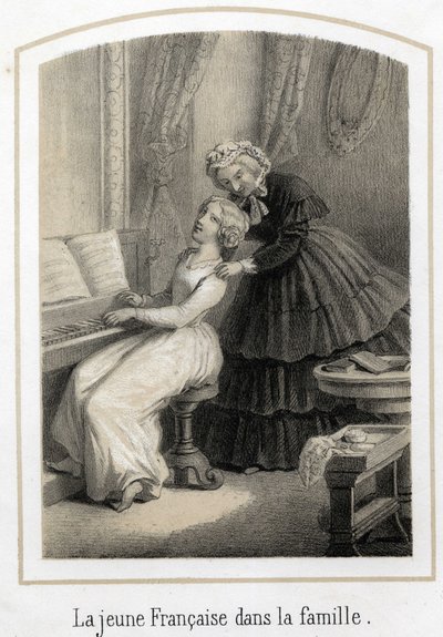 Education for young girls of good families: a young French woman sitting on the piano is taken over by her housekeeper by French School
