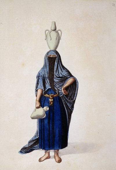 Egyptian Woman Carrying an Ibrik Water Pot, probably by Cousinery, Ottoman period, third quarter of 18th century by French School