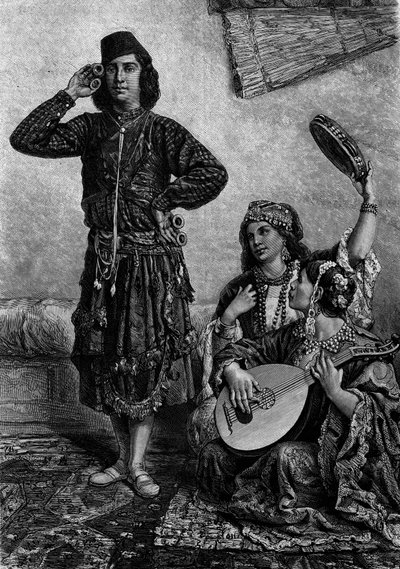 Egyptian musicians and dancers. Man holds cymbals between his fingers. Engraving in Le Journal de la jeunesse by French School