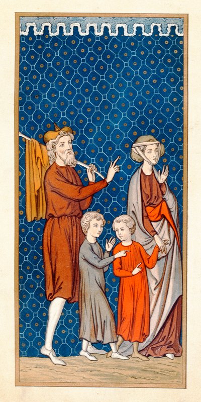Elimelech and his wife Naomi with their two sons leaving Bethlehem after a famine, copy of 16th century miniature by French School