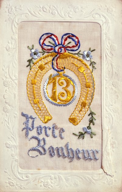 Embroidered postcard depicting Good Luck Charms, pre 1914 by French School