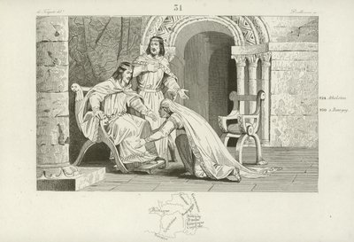 Emma of France kisses the knee of her husband Raoul, in recognition of his sovereignty by French School