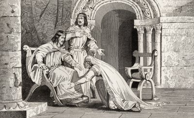 Emme kisses the knee of her husband Raoul in recognition of his sovereignty, from 