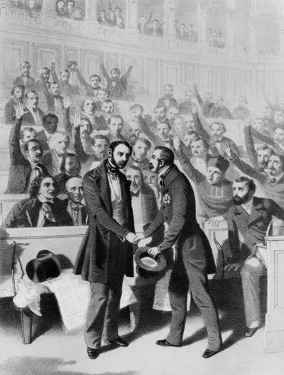 Emperor Louis Napoleon Bonaparte III Shaking Hands with General Petit, at the Inspection of the Regiment des Invalides of the Grande Armee by French School
