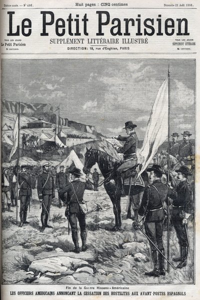 End of the Spanish-American War in 1898. American officers announcing the cessation of hostilities at the Spanish outposts. Engraving in 