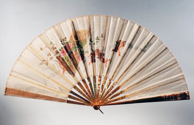 Engagement Hand Fan Depicting Cherubs Holding Basket of Roses by French School