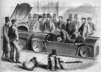 England 1865: London Air Railway. The Duke of Buckingham and Several Members of the Company Began the Pneumatic Journey. Engraving from 1865 by French School
