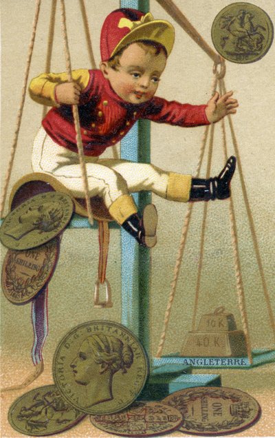 English jockey being weighed in with his saddle and British coinage, from a series of promotional cards on currencies in different countries, published in Paris by Baster & Vieillemard for use by the chocolate producer, Chocolat Ibled by French School