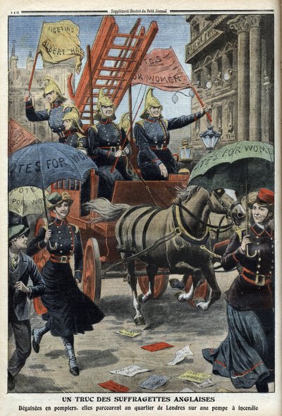 English suffragettes dressed as firemen, from Le Petit Journal, 3rd April 1910 by French School