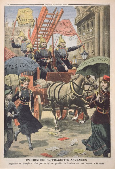English suffragettes dressed as firemen, from Le Petit Journal, 3rd April 1910 by French School